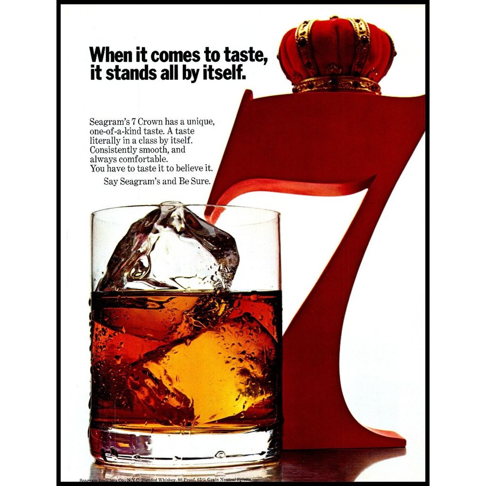 1970 Seagram's 7 Seven Crown Whiskey Vintage Print Ad On the Rocks Wall Art